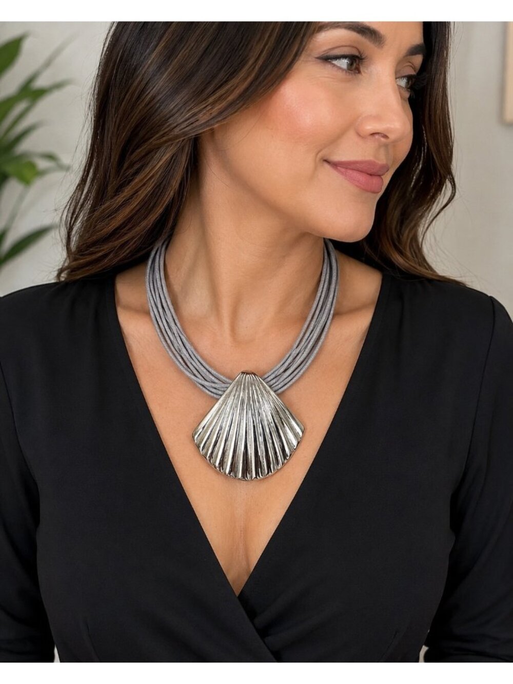 Silpada KR Silver Tone Shell Pendant Multi Strand Gray Cord Statement Necklace